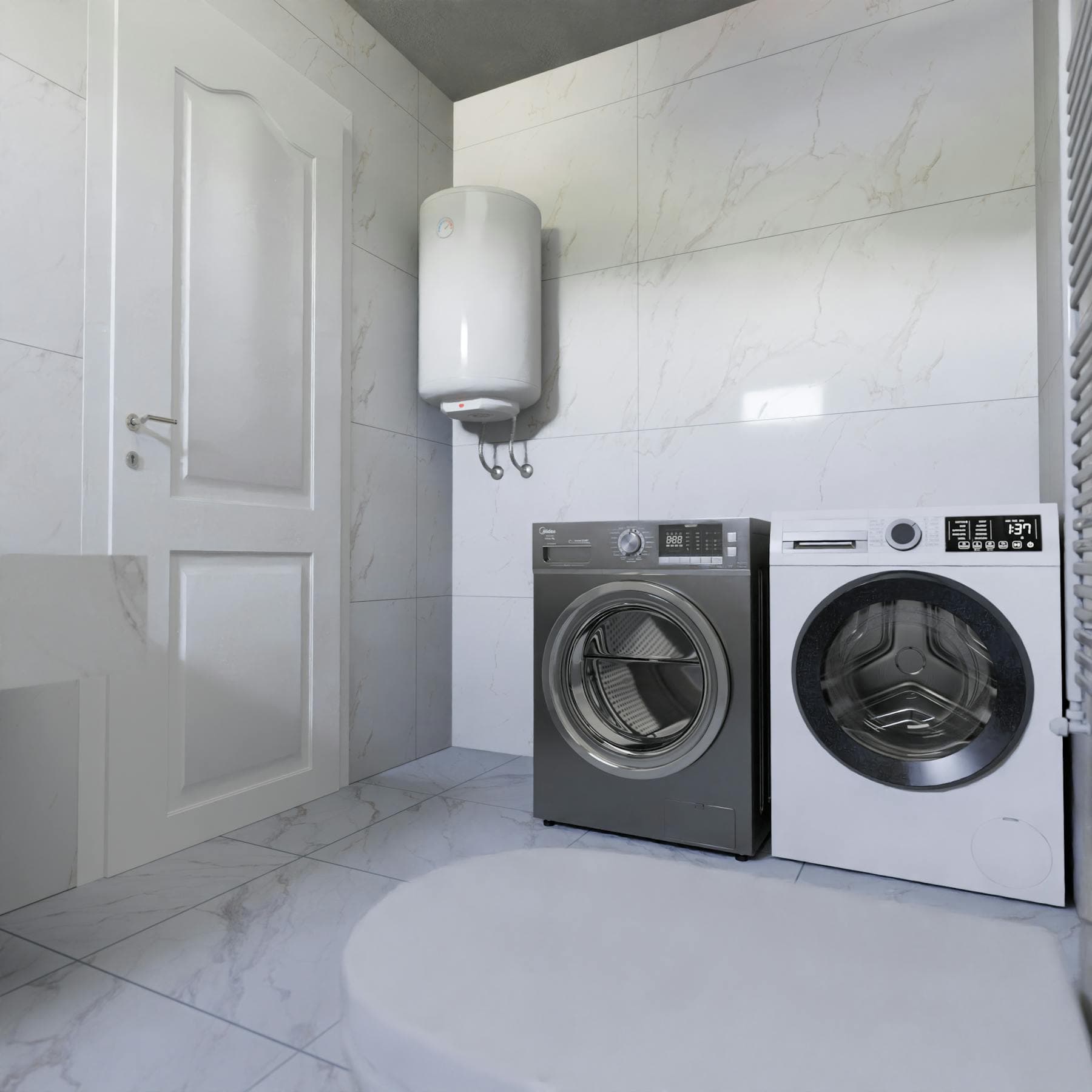 Clean laundry room with dryer and washer